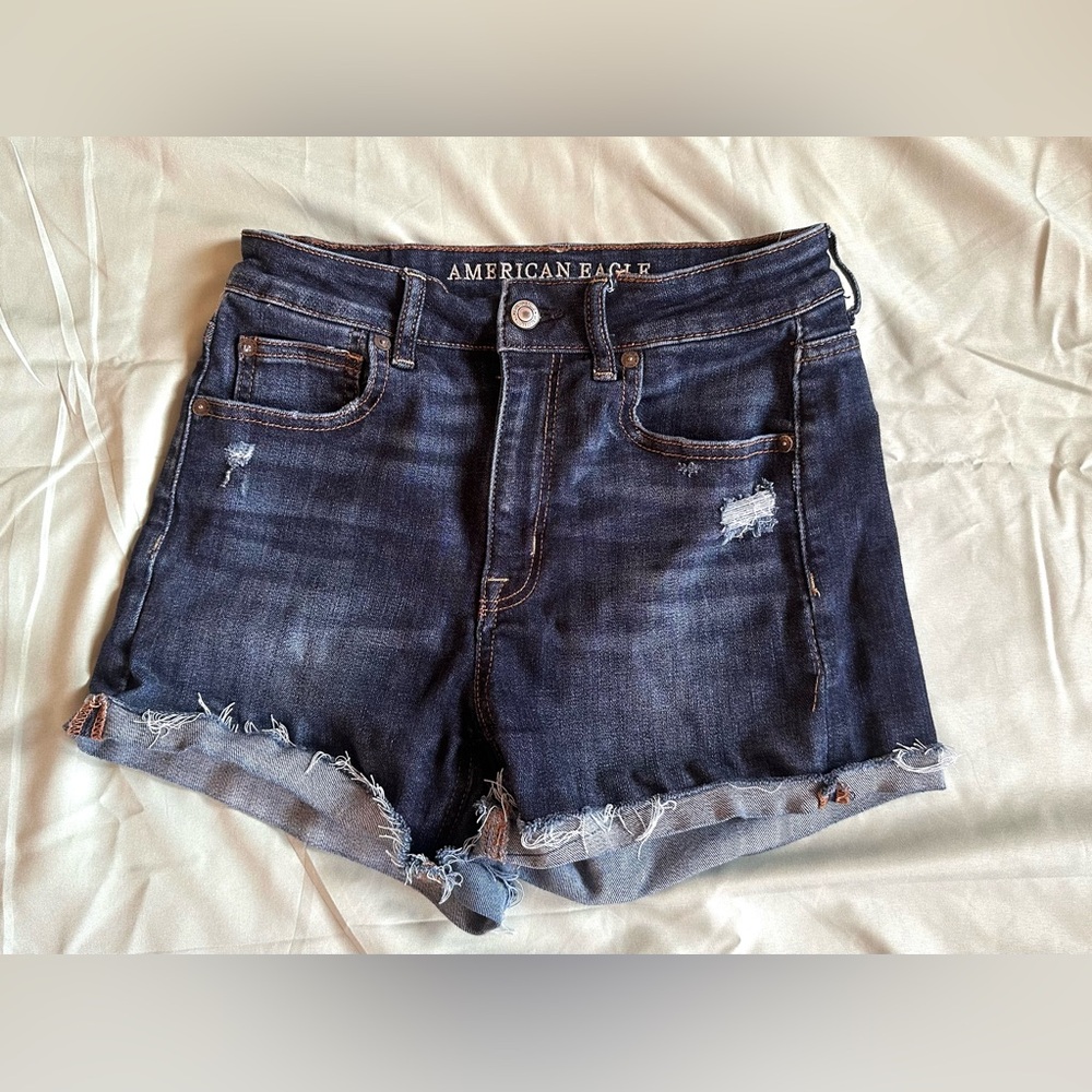 American Eagle Outfitters Dark Indigo Distressed Denim Shorts